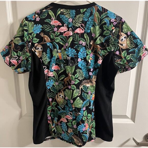 Cherokee Scrub Top Sloth SIZE SMALL tropical flamingo monkey rainforest green - Picture 5 of 5